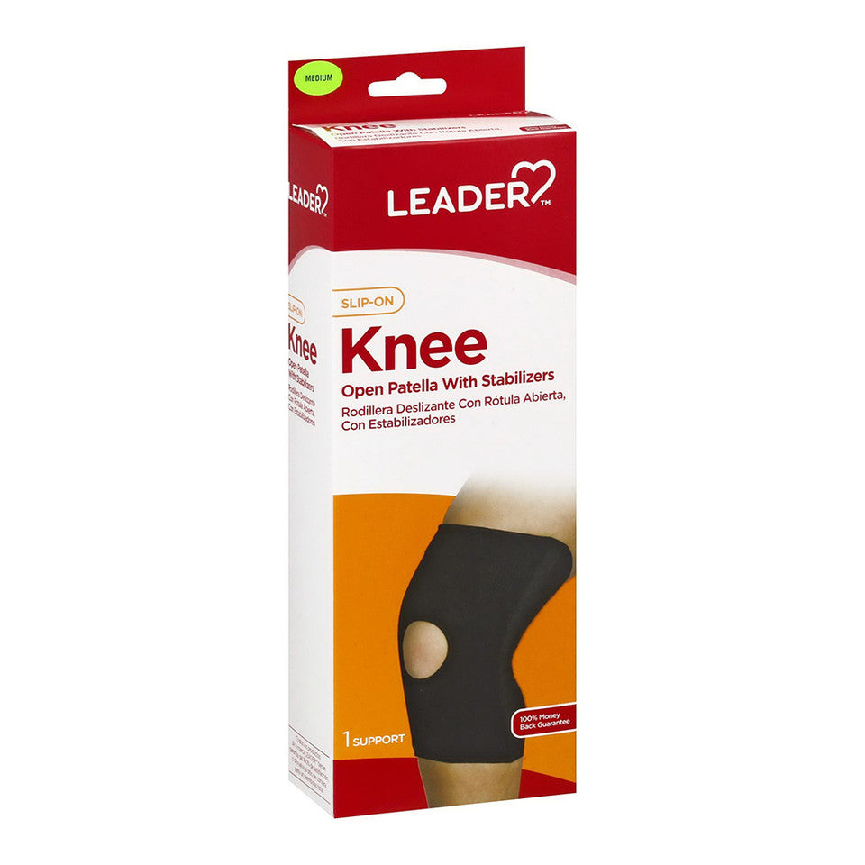 Black Leader(Tm) open patella knee support with stabilizers, slip-on design, for small/medium size, provides knee stabilization.