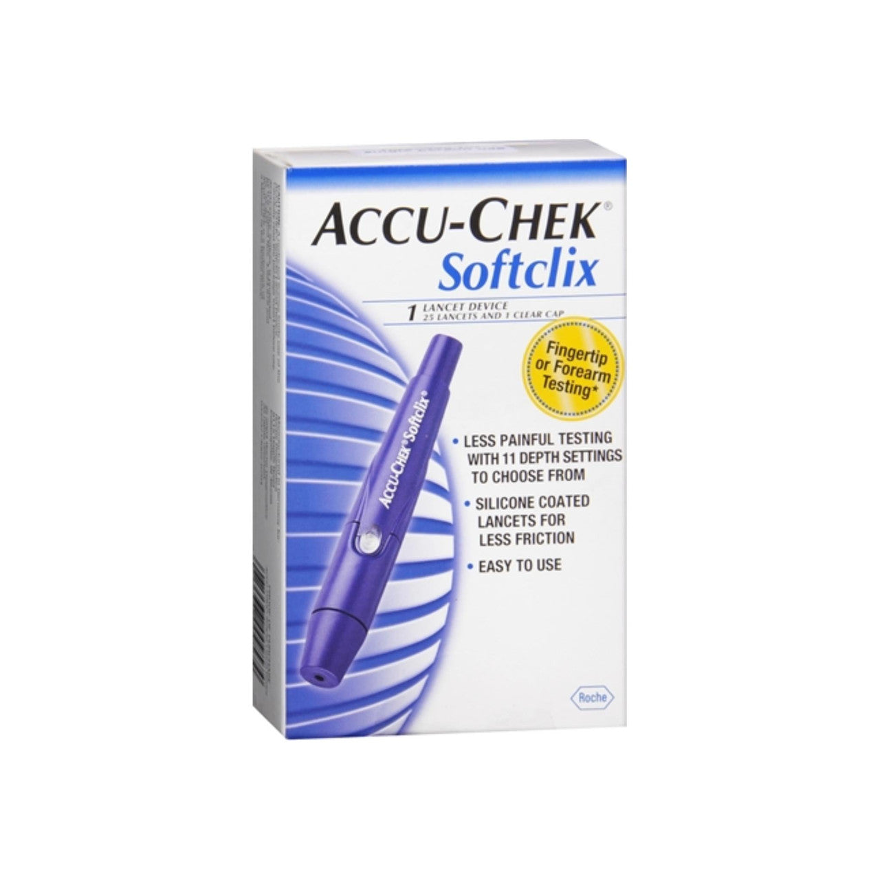 Accu-Chek Softclix lancet device by Pasteur Pharmacy, used for blood sampling with a compact, easy-to-use design.