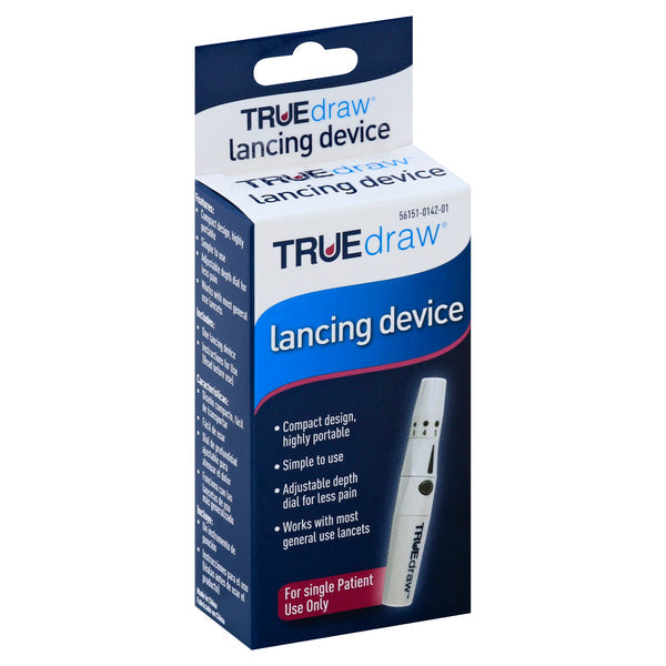Truedraw Gentle Draw Lancing Device by Prestige, a medical device for blood sampling, with a sleek design and adjustable depth.