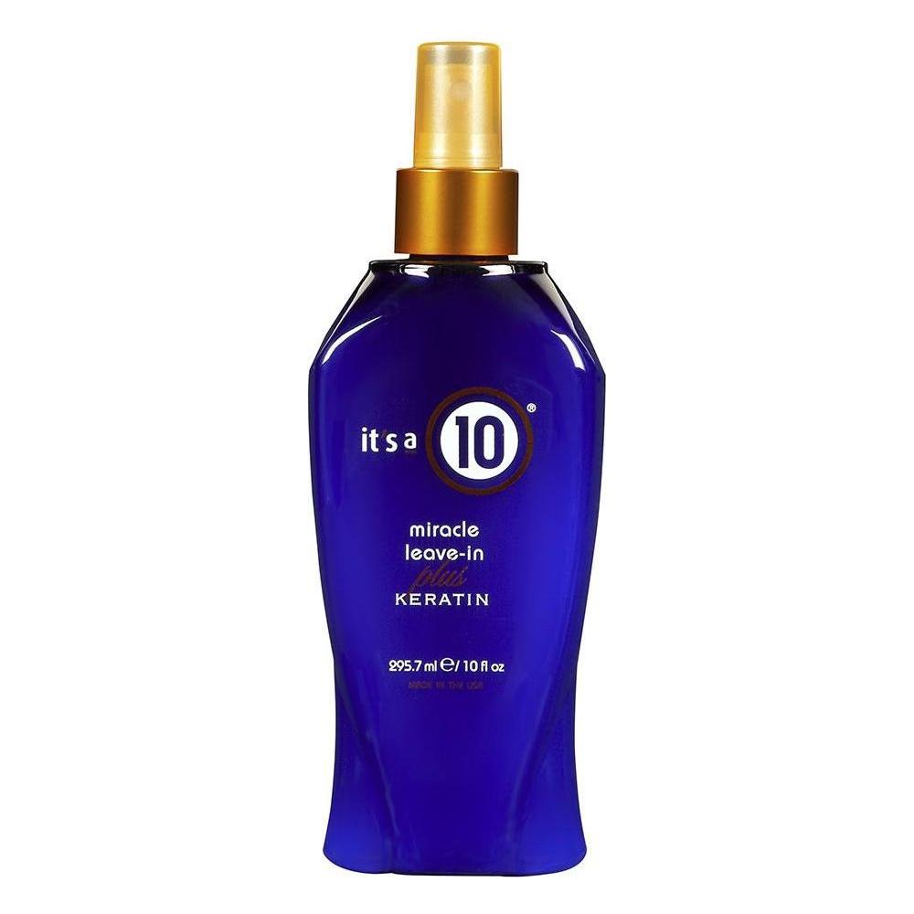 It's a 10 Miracle Leave-In Plus Keratin conditioner in a 10 fl oz bottle, designed to nourish and strengthen hair.