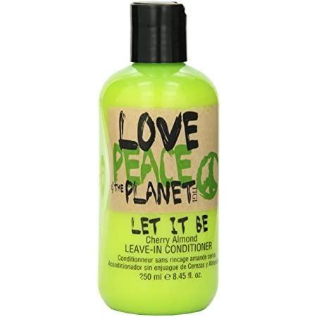 Tigi Love Peace & The Planet Let It Be Cherry Almond Leave-In Conditioner bottle, 250ml, featuring a black and colorful packaging design.