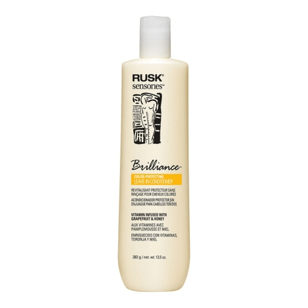 Rusk Sensories Brilliance Grapefruit & Honey color protecting leave-in cream conditioner in 13.5oz bottle, with grapefruit and honey ingredients