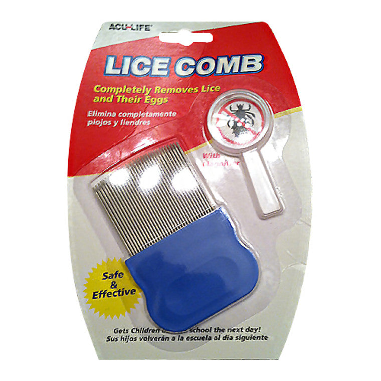 Health Enterprises Acu-Life lice comb with 5x magnifier, plastic lice removal tool with fine teeth for detecting and removing lice.