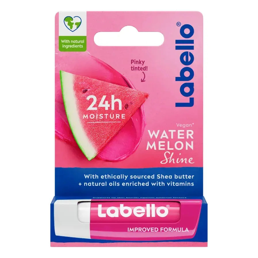 Lip balm tube of Pasteur Pharmacy Labello Watermelon Shine 24h Moisture Lip Balm, showing the product packaging.