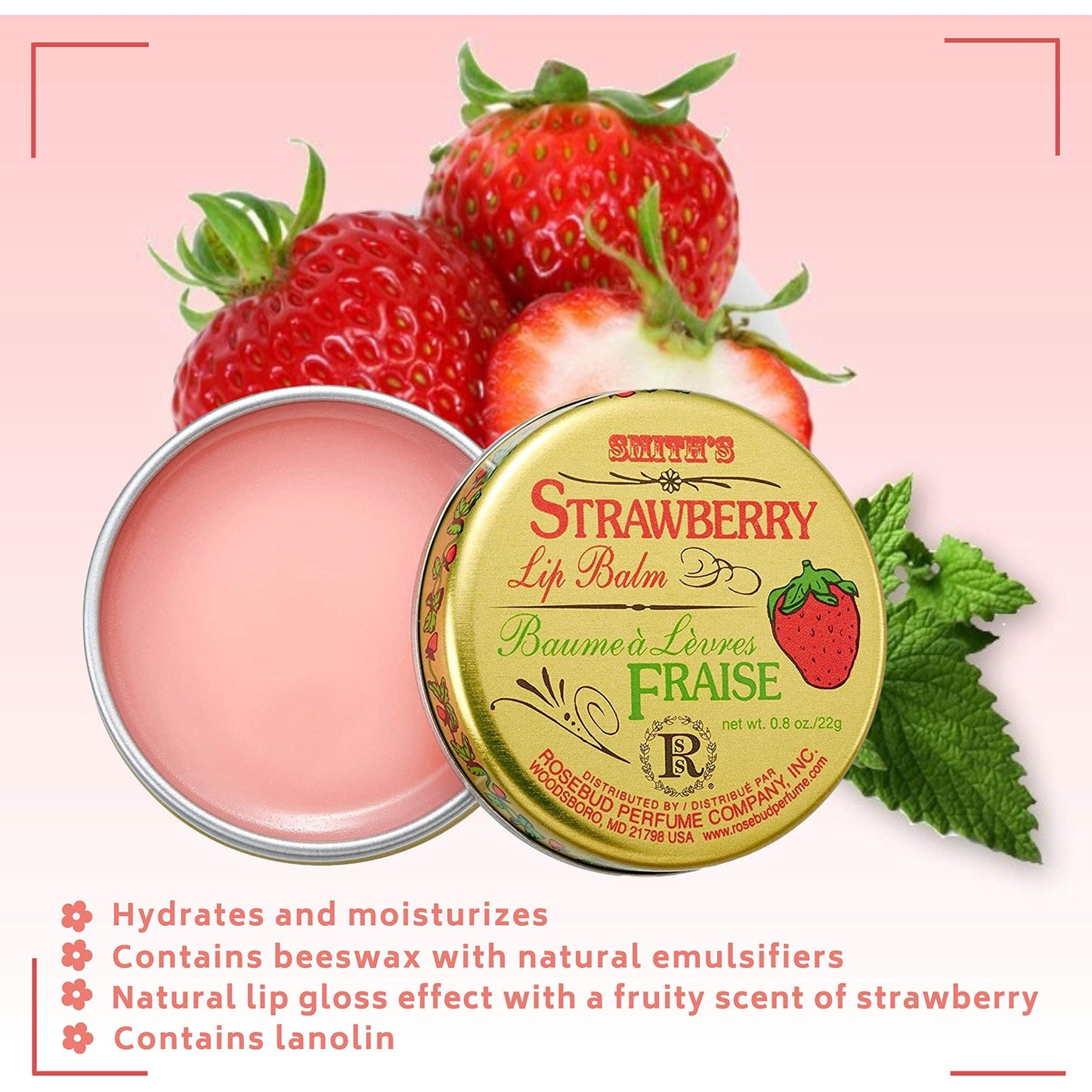 Rosebud Perfume Co. Strawberry Lip Balm in 0.8 oz container, showing the product with a pinkish tint and smooth balm texture.