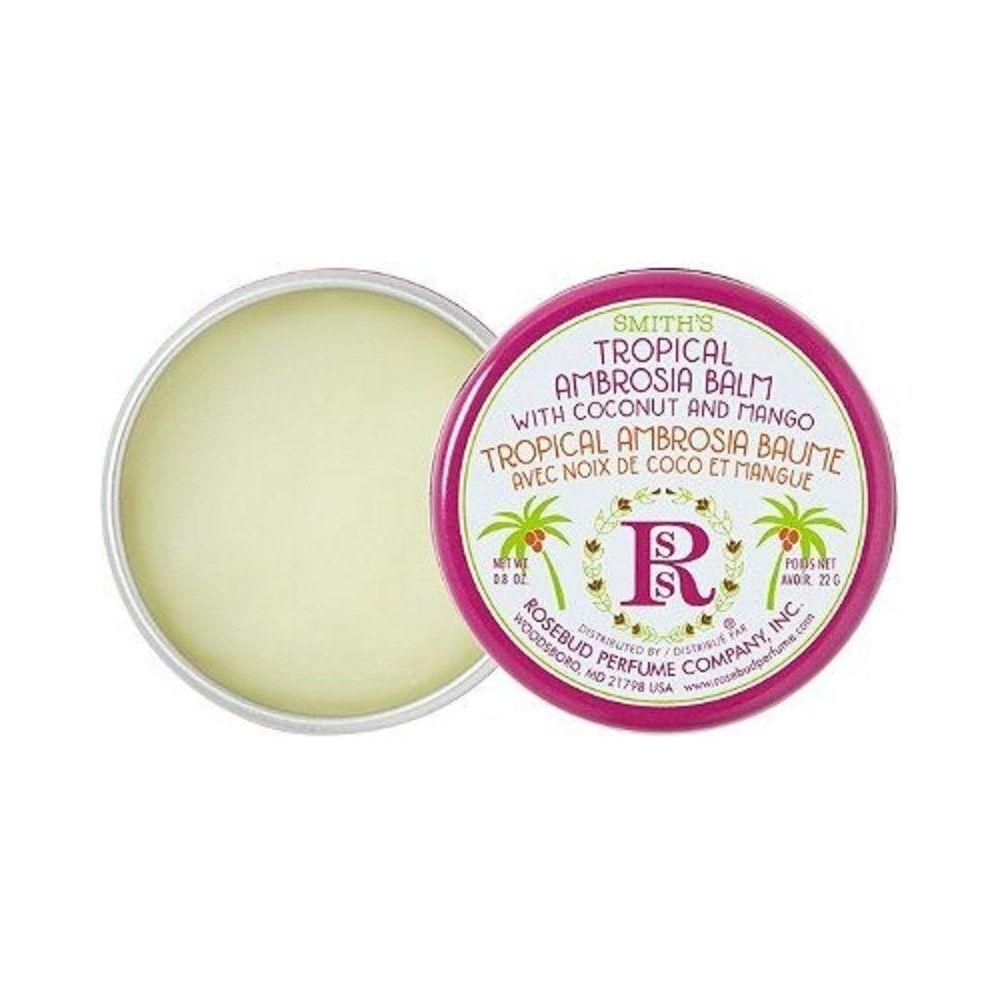 Rosebud Perfume Co. Tropical Ambrosia Lip Balm in 0.8 oz tin, featuring natural ingredients and tropical scent.