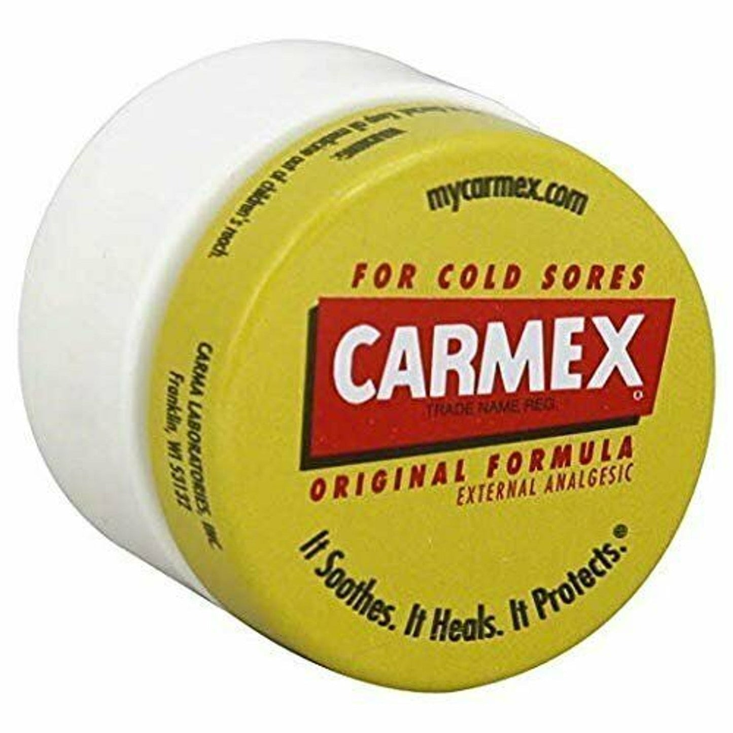 Carmex Classic Medicated Lip Balm jar, original formula, 0.25 oz, in a small white container with a lid, designed for lip treatment.