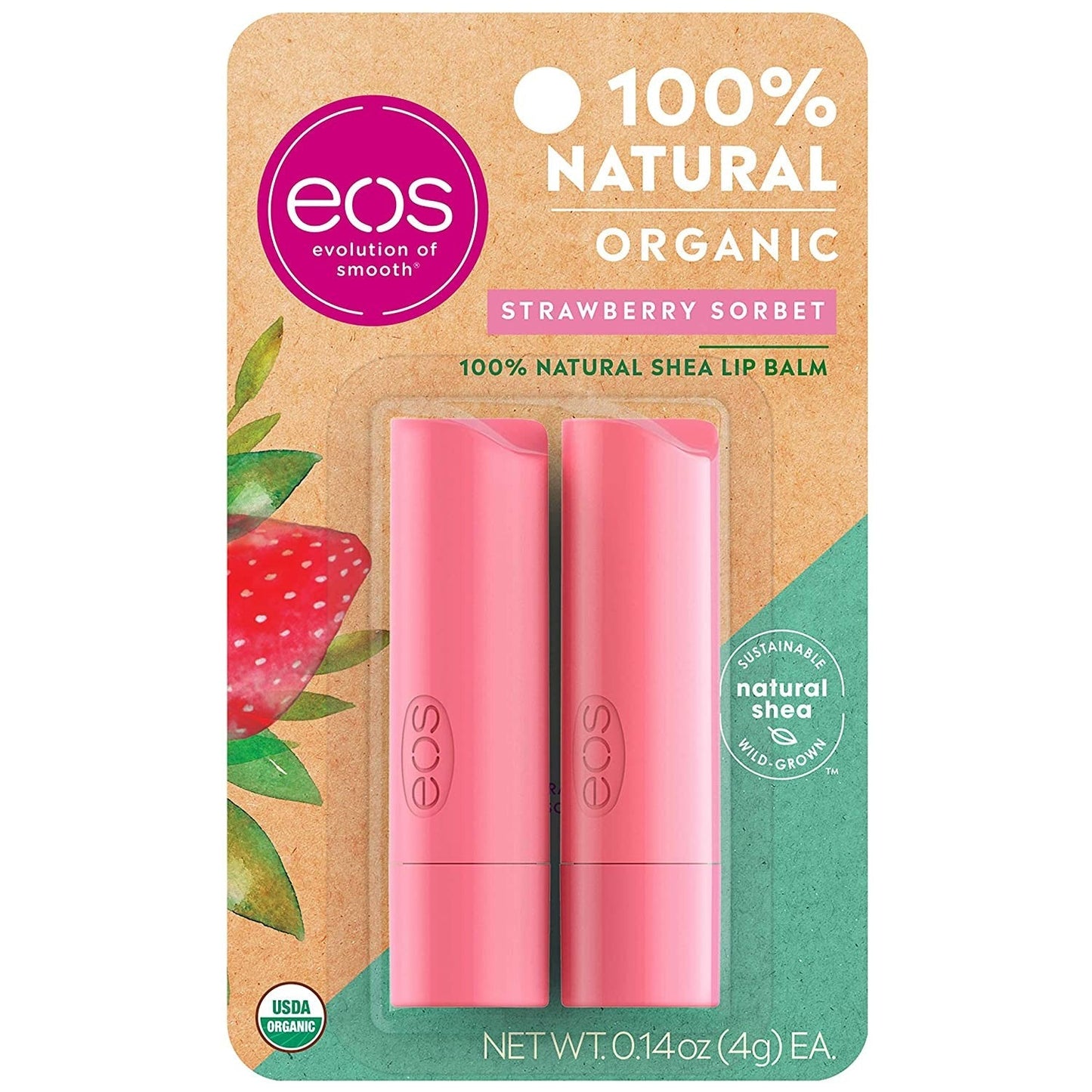 Eos 100% natural organic lip balm stick in Strawberry Sorbet flavor, two balm sticks shown on a white background.