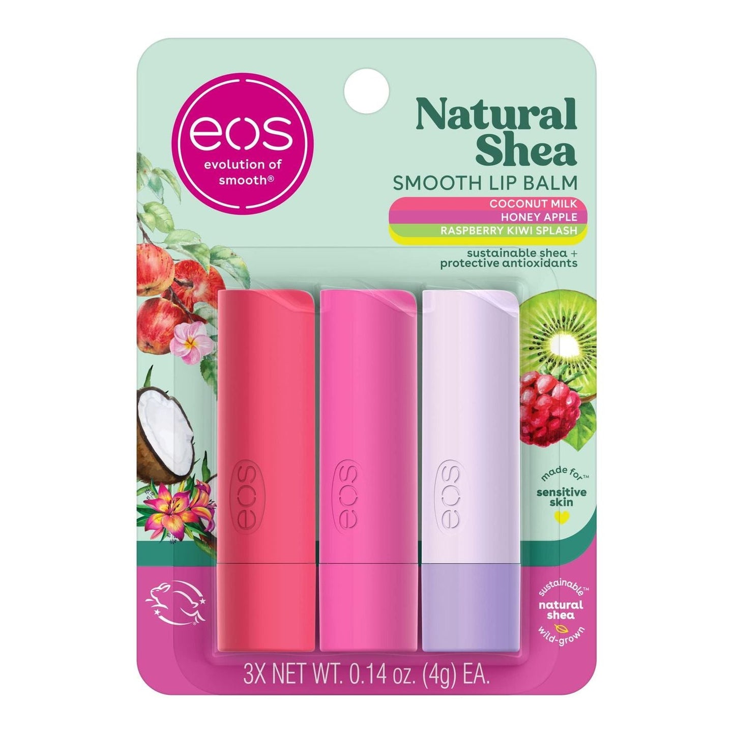 Eos Lip Balm Stick 0.14 oz in CN/Mlk/Hna/Rsp flavors, moisturizing treatment by Pasteur Pharmacy with colorful packaging