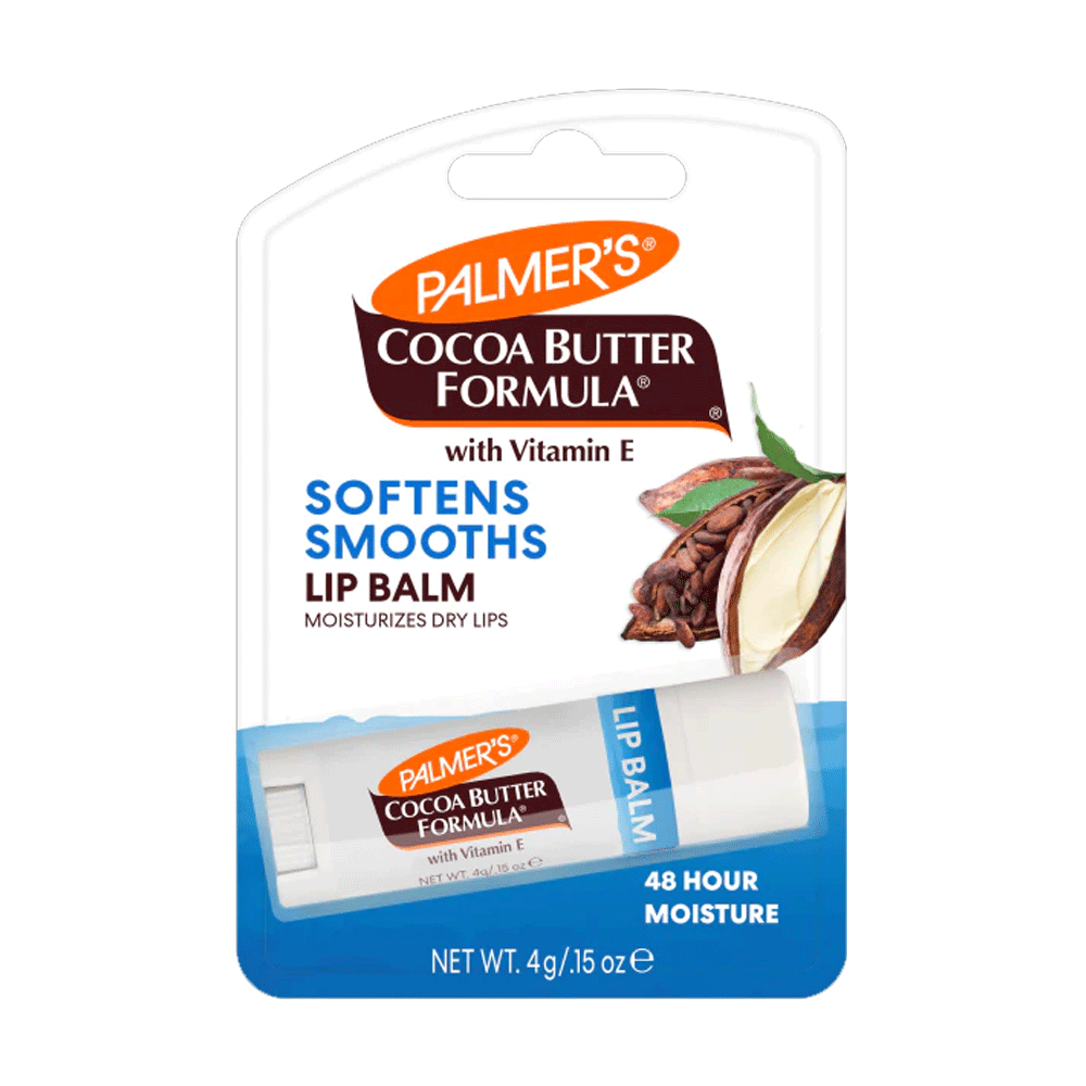 Palmer's Cocoa Butter Ultra Moisturizing Lip Balm with SPF 15 in 4g tube, featuring a clear cap and cocoa butter branding.