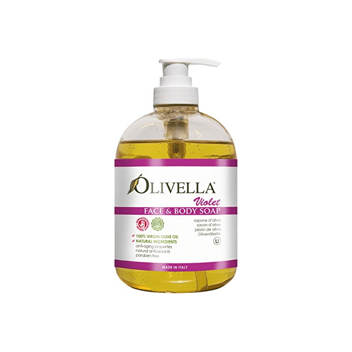 Olivella Liquid Face and Body Soap in violet, 16.9 oz bottle, natural olive oil-based cleanser for face and body.