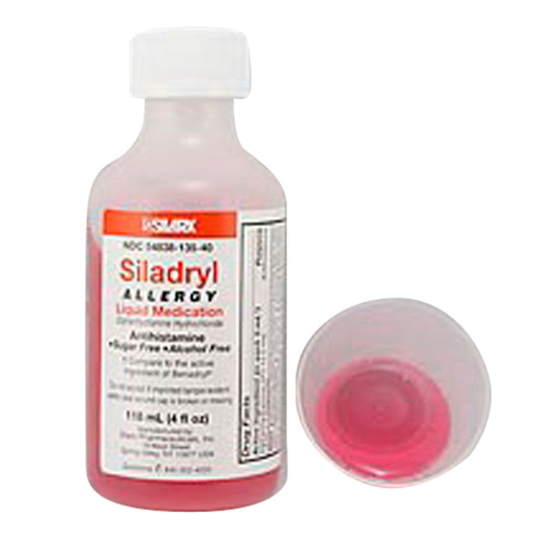 Liquid medication bottle labeled Siladryl Liquid SF AF 12.5/5ml, 118ml by Silarx Pharmaceutical, with a clear label and cap.