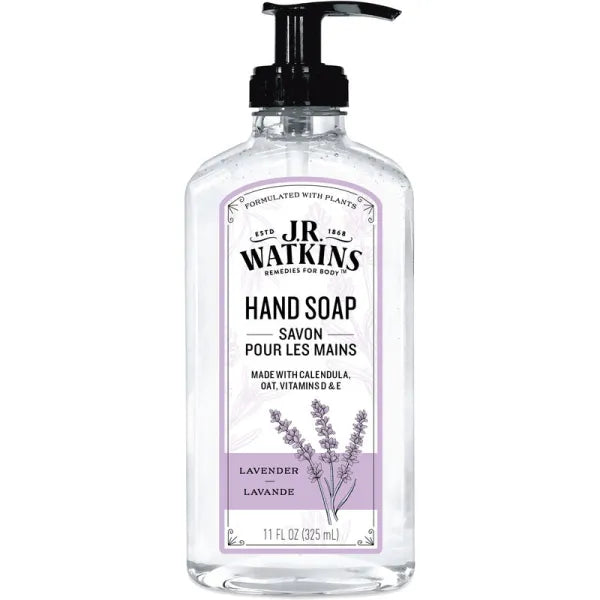 J.R. Watkins Coconut and Lavender Liquid Hand Soap in a clear pump bottle from Pasteur Pharmacy collection