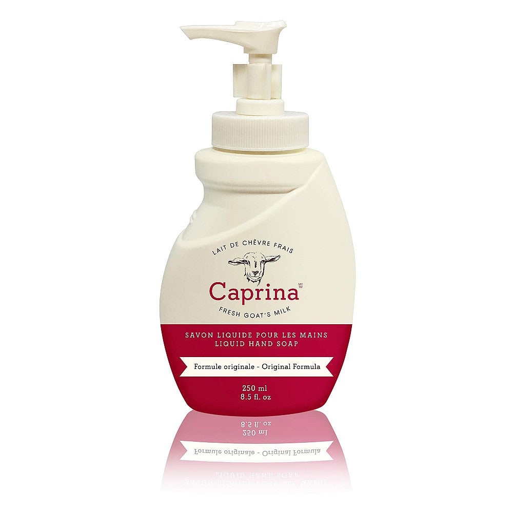 Caprina by Canus liquid hand soap pump in original formula, 8.5 fl oz bottle, with soap visible inside and pump dispenser.