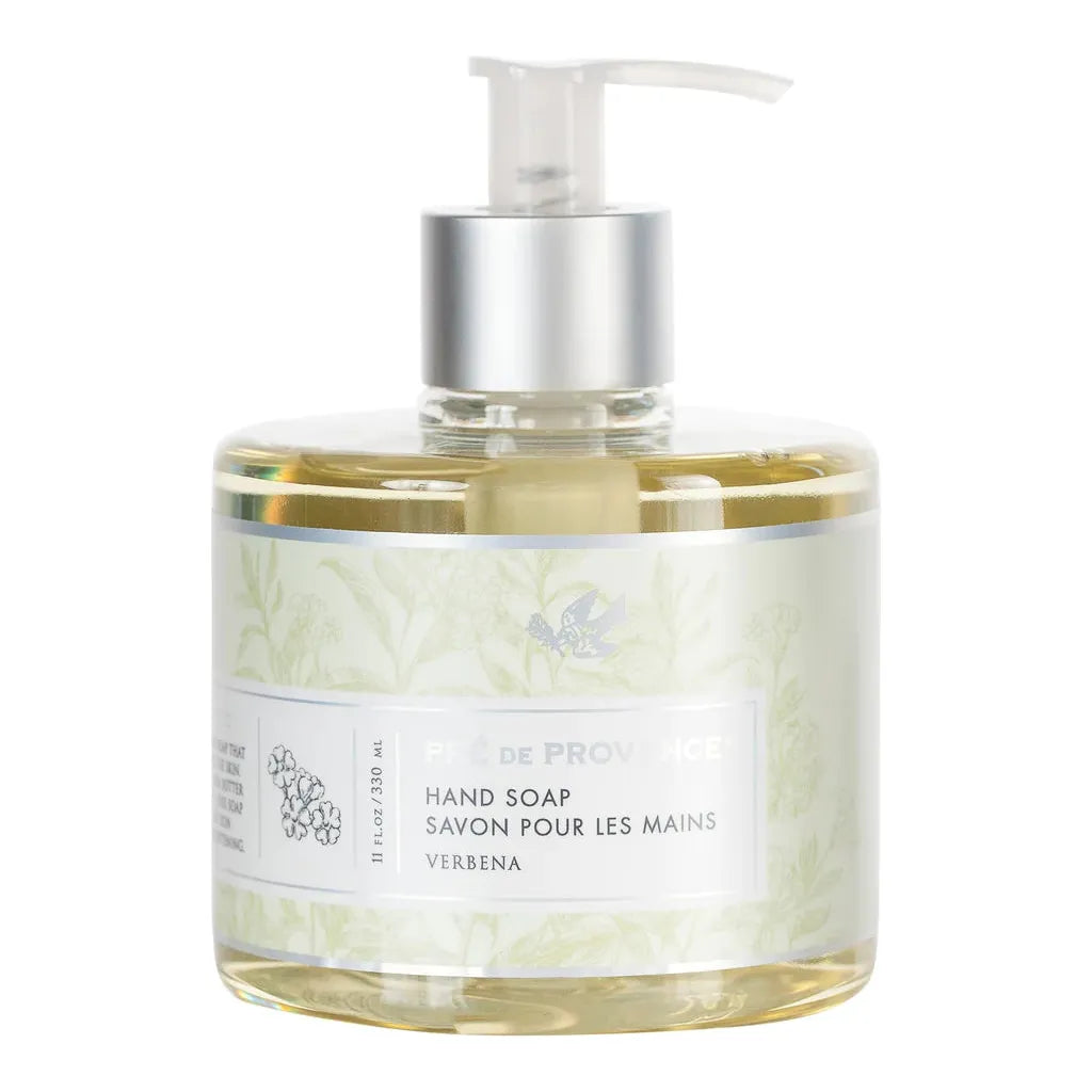 Pre de Provence Verbena liquid hand soap in 11 oz bottle, with fresh verbena fragrance and natural plant-based ingredients.