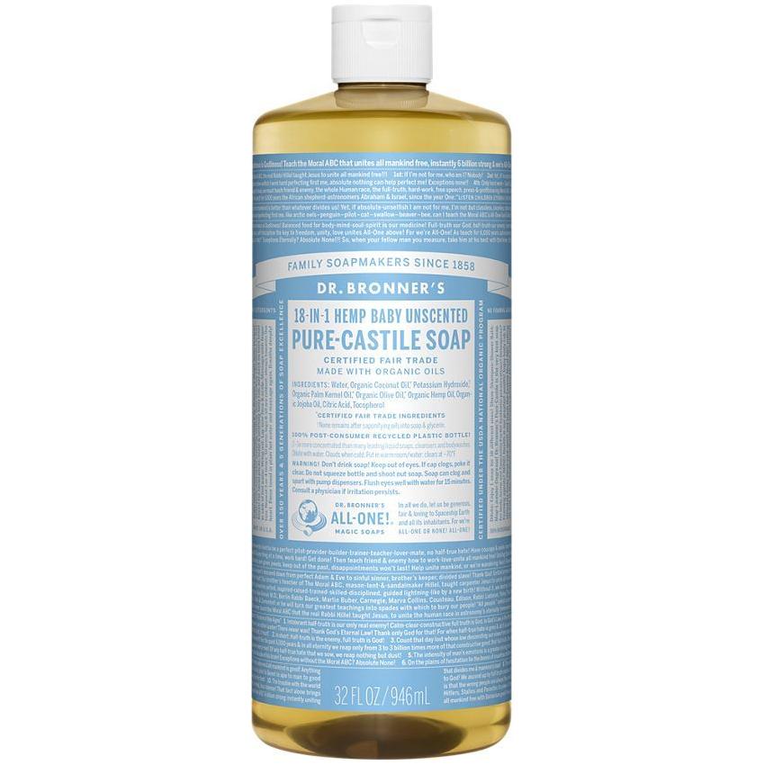 Dr. Bronner's Organic Pure Castile Liquid Soap Baby Mild Unscented 32 fl oz bottle with white label and pump dispenser.