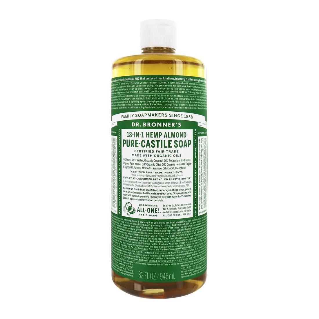 Dr. Bronner's Organic Pure Castile Liquid Soap in Hemp Almond scent, 32 fl oz bottle, with pump dispenser, on a white background.