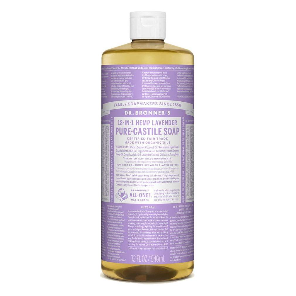 Dr. Bronner's Organic Lavender Castile Liquid Soap in a 32 oz bottle, with a clear label and white pump dispenser.