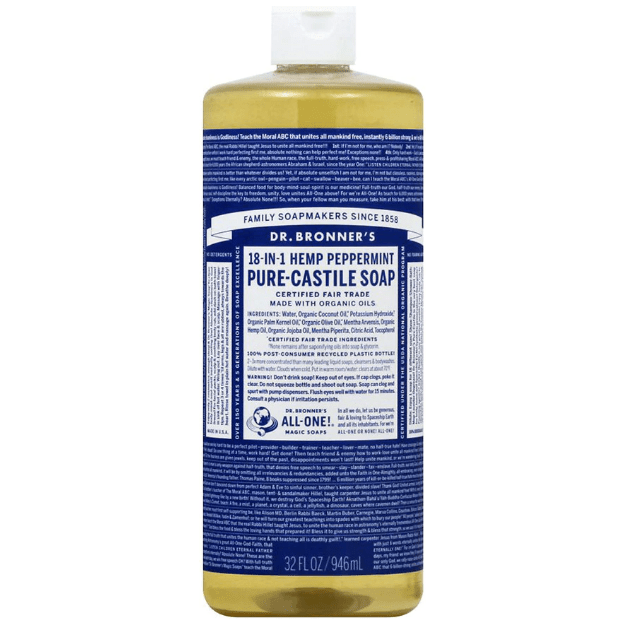 Dr. Bronner's Organic Peppermint Castile Liquid Soap in a 32 fl oz bottle on a bathroom countertop