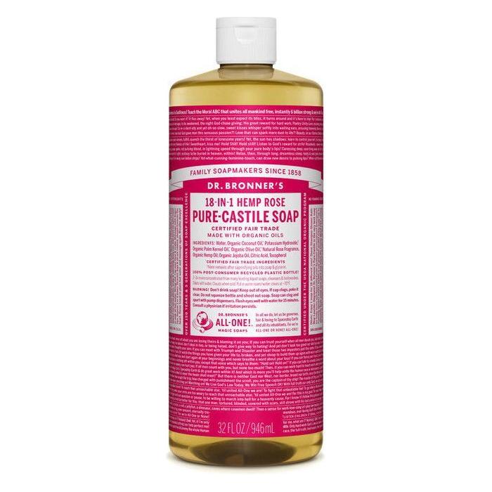 Dr. Bronner's Organic Pure Castile Liquid Soap in Rose scent, 32 fl oz bottle, with label and pump dispenser visible.