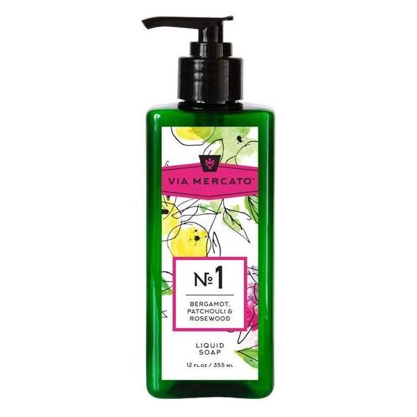 Pasteur Pharmacy Via Mercato Nro. 1 Liquid Soap in 12oz bottle with bergamot, patchouli, and rosewood scent on white background.