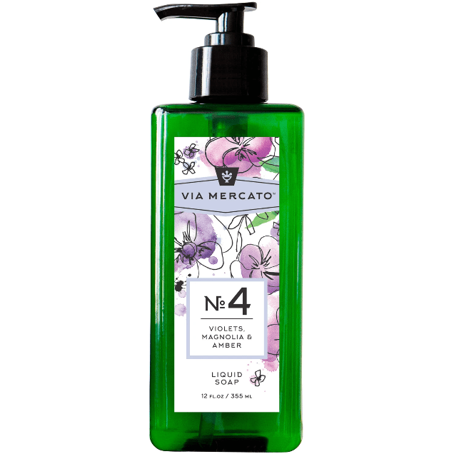 Pasteur Pharmacy Via Mercato Nro. 4 Liquid Soap in 12oz bottle with violet, magnolia, and amber fragrance.