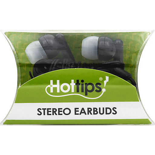 Hottips stereo earbuds with 4-foot long cord, shown with a long skirt, featuring in-ear design and black ear tips.