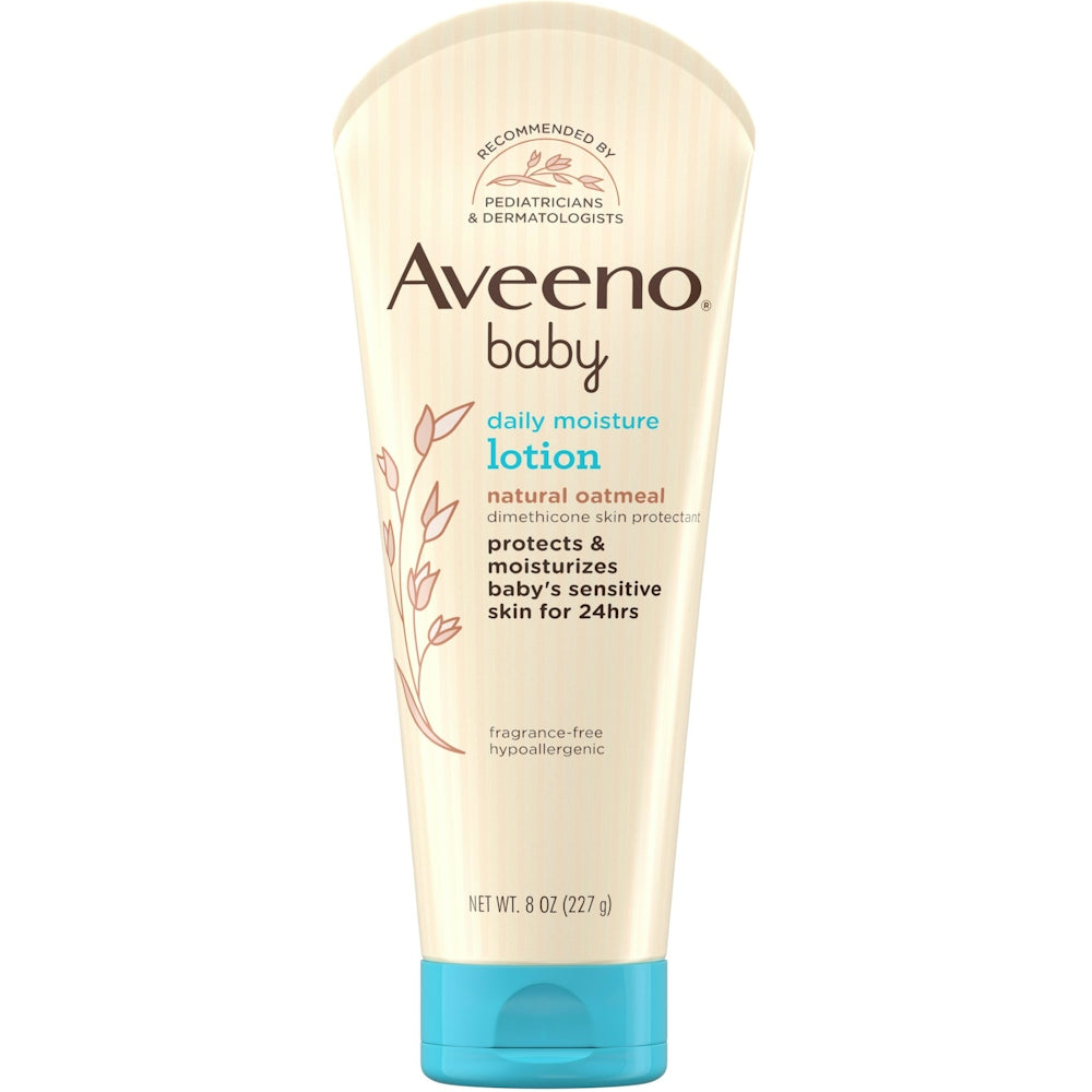 Aveeno Baby Daily Moisture Lotion with natural colloidal oatmeal in a white bottle, designed for gentle baby skin hydration.
