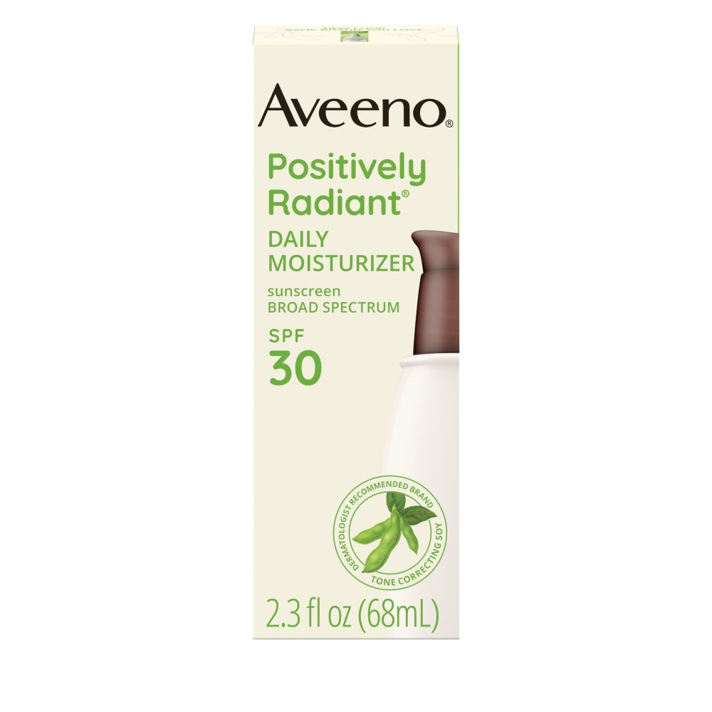 Aveeno Positively Radiant Broad Spectrum SPF 30 daily moisturizer lotion in 2.3 fl oz bottle, designed for skin brightening and sun protection.