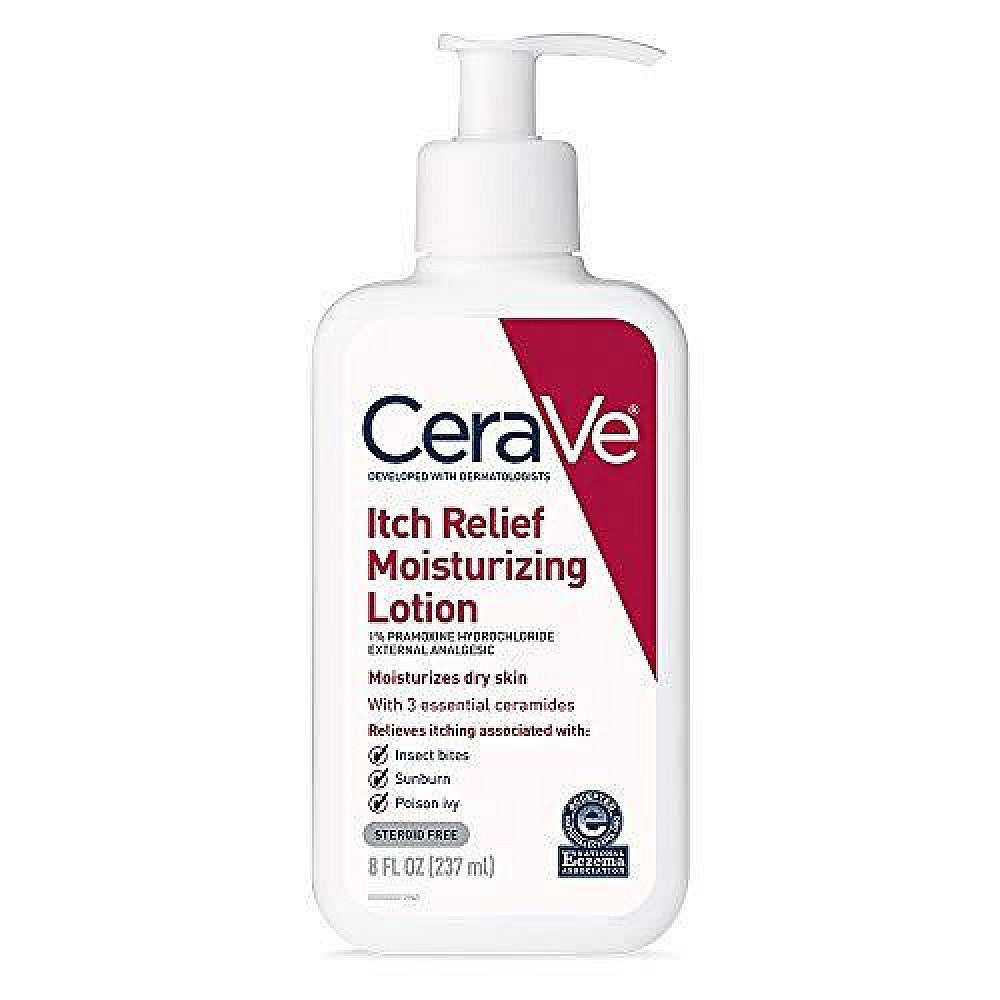 CeraVe Moisturizing Lotion Itch Relief 8 oz bottle, gentle moisturizer for dry and itchy skin, featuring a pump dispenser.