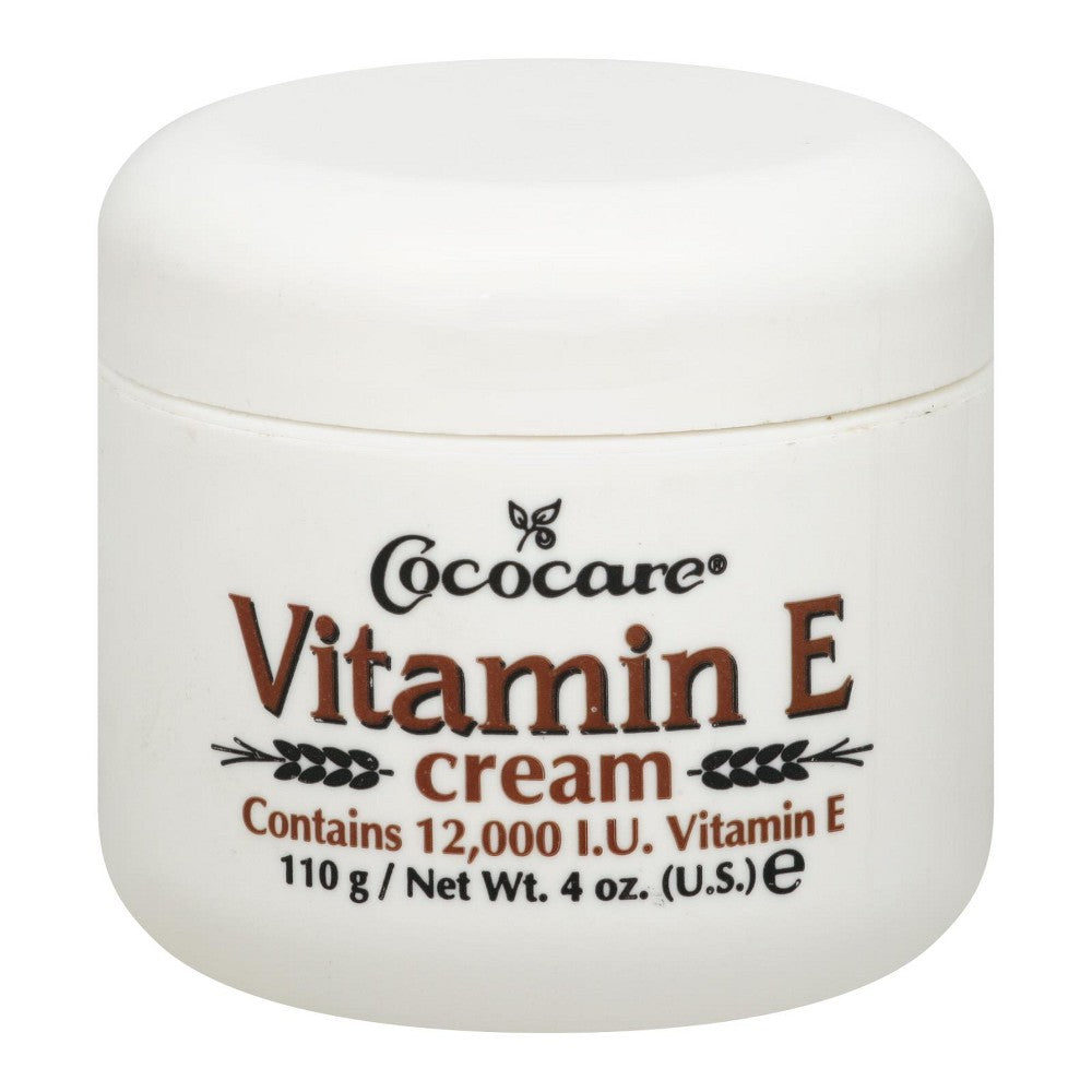 Cococare Vitamin E Cream 4 oz lotion and moisturizer in a white jar with a blue lid, suitable for nourishing skin.
