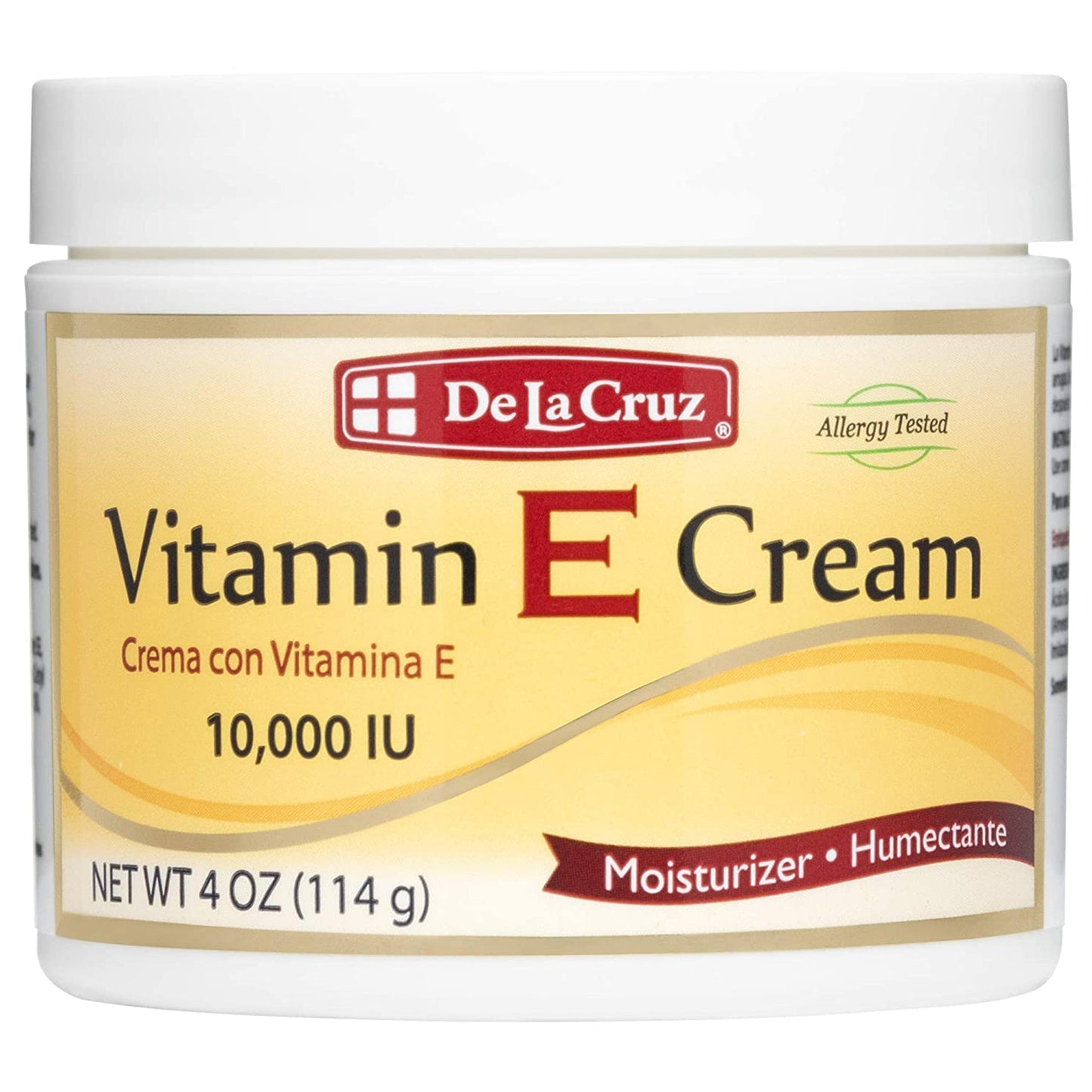 De La Cruz Vitamin E Cream moisturizer in a 4oz jar, nourishing lotion with vitamin E for soft, hydrated skin.