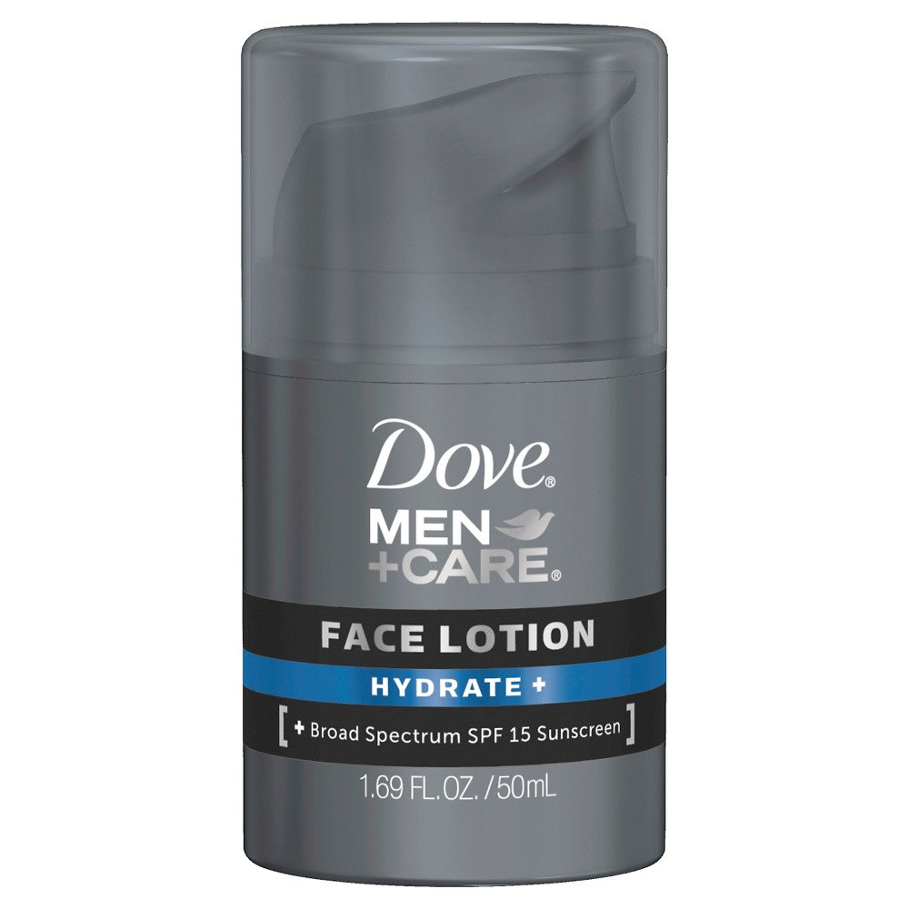 Dove Men+Care Hydrate Plus Face Lotion in a 1.69 oz bottle, moisturizing men's facial skin with soothing lotion.