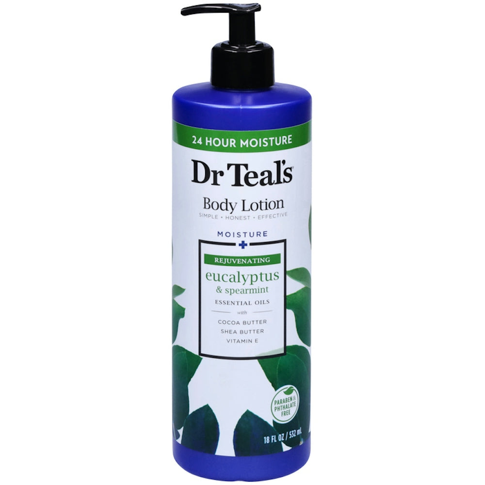 Dr Teal's Rejuvenating Moisture body lotion with eucalyptus and supermint in an 18 fl oz bottle, moisturizing and refreshing skin.