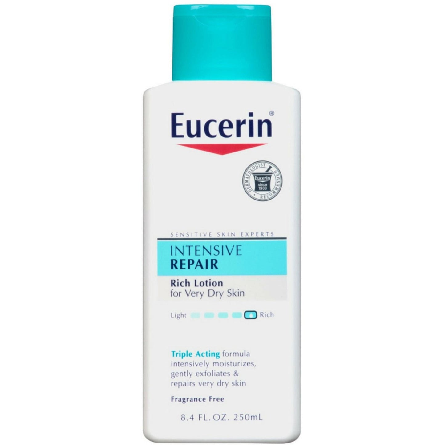 Eucerin Intensive Repair Rich Feel Lotion in 8.4 fl oz squeeze bottle, moisturizing and nourishing lotion from Pasteur Pharmacy
