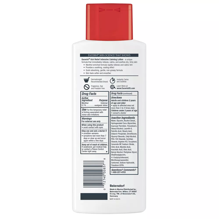 Eucerin Itch Relief Intensive Calming Lotion for sensitive dry skin in an 8.4 oz bottle, moisturizing and soothing skin.