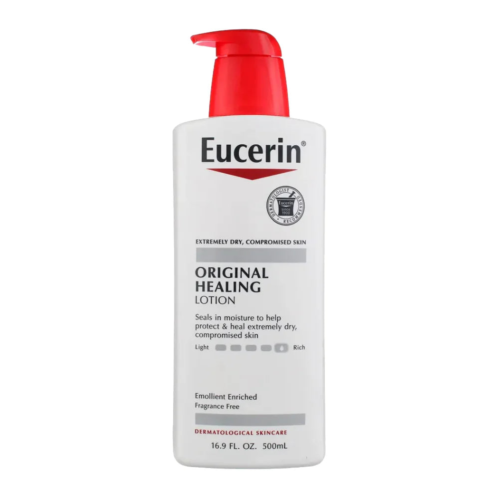 Eucerin Original Healing Rich Body Lotion for dry skin, Pasteur Pharmacy, 16.9 oz bottle, smooth moisturizing lotion in a white pump bottle.