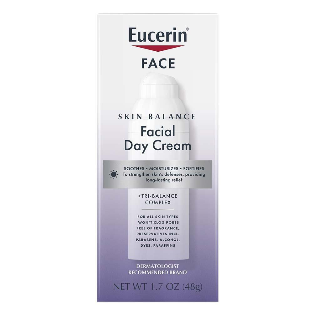 Eucerin Skin Balance Facial Day Cream lotion and moisturizer in a jar, designed for balanced skin hydration.