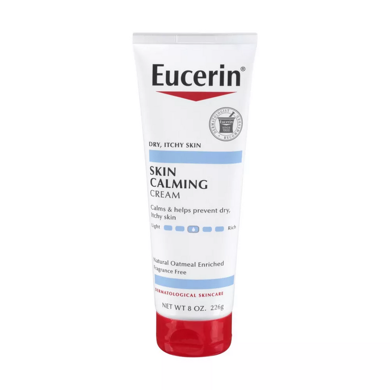 Eucerin Skin Calming Daily Body Cream lotion and moisturizer in an 8oz bottle, designed to soothe and hydrate skin.
