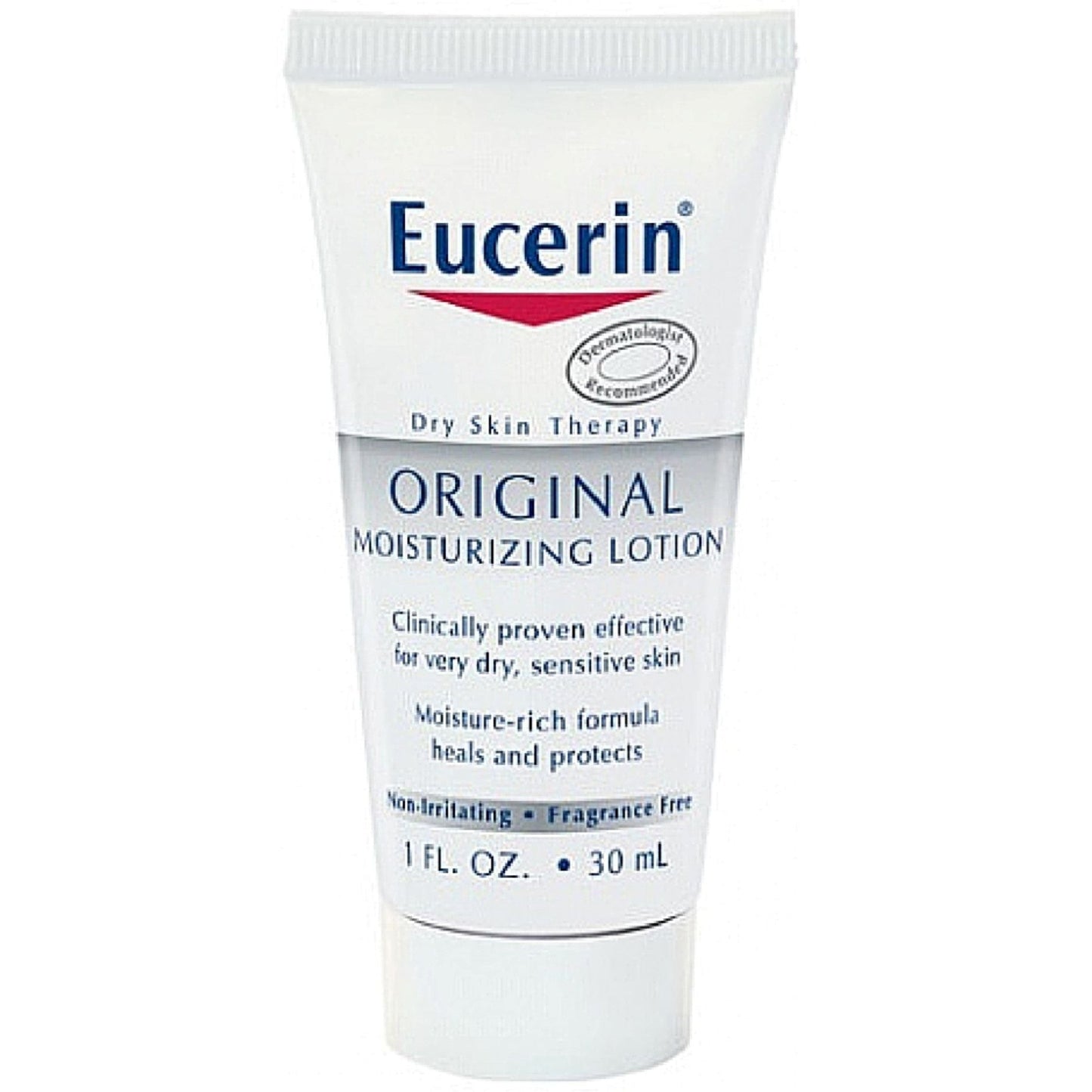 Travel size Eucerin Original Healing Soothing Repair Lotion in a compact bottle, suitable for moisturizing and skin repair.