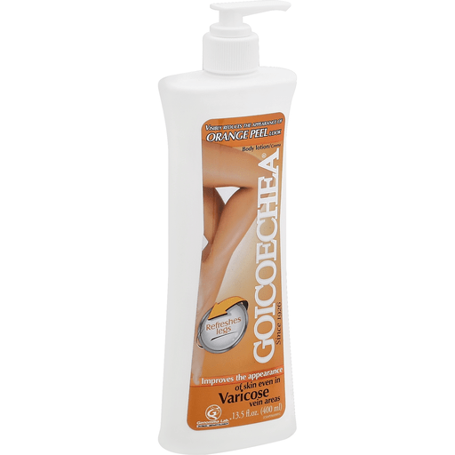 Goicoechea Orange Peel Body Lotion from Pasteur Pharmacy, 13.5 oz bottle, featuring vibrant orange peel scent and moisturizing formula.