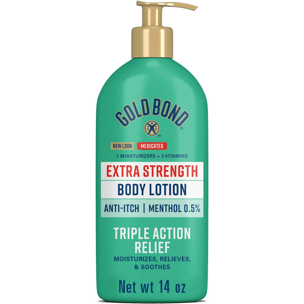 Gold Bond Extra Strength Body Lotion with Anti-Itch formula in a 14 oz bottle, moisturizing and soothing skin.