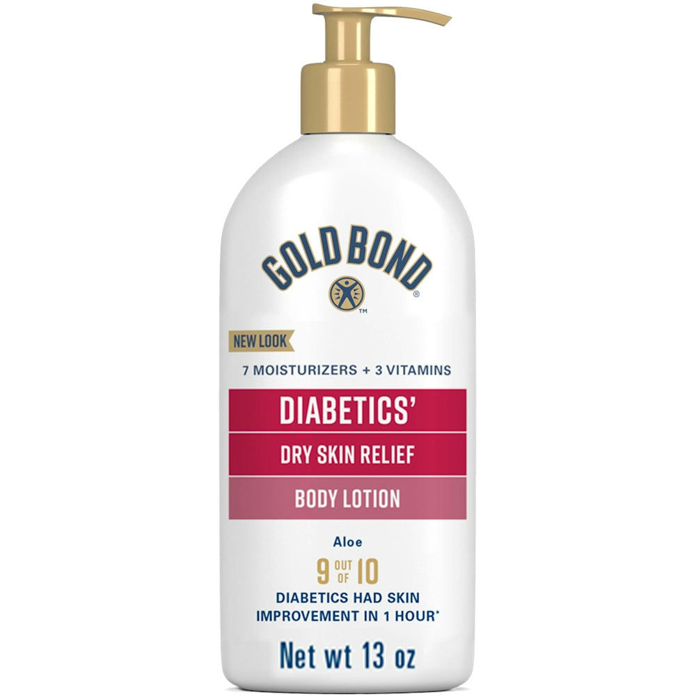 Gold Bond Diabetics Skin Relief Body Lotion in 13 oz bottle, moisturizing dry and sensitive skin naturally and effectively.