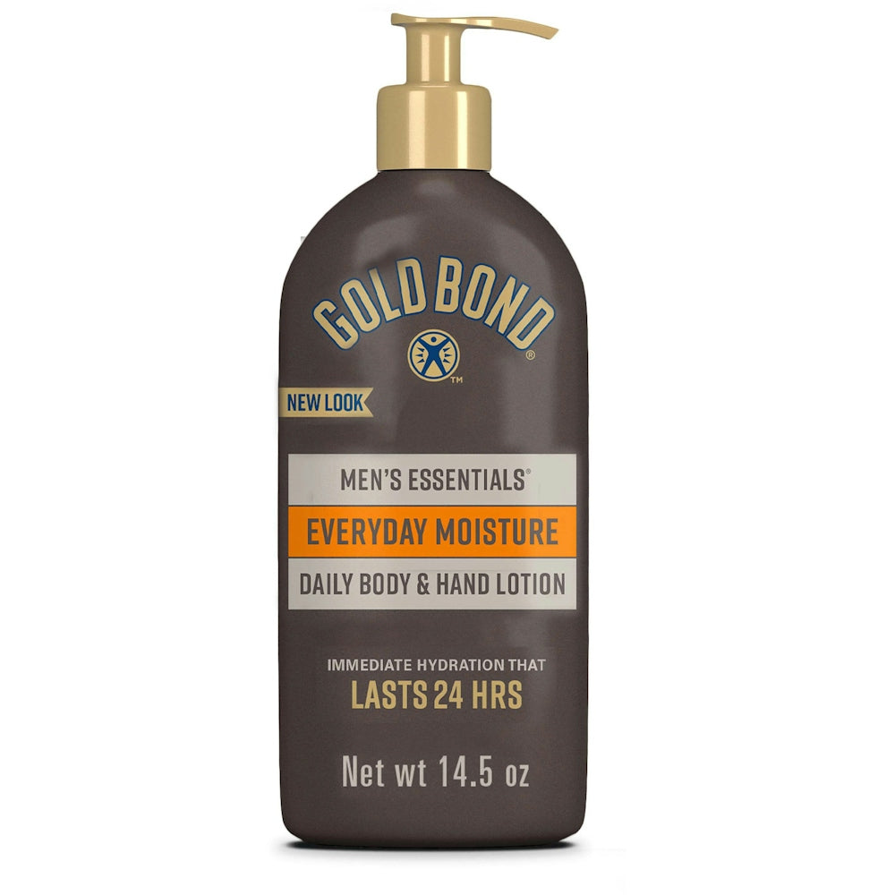 Gold Bond Men's Essentials lotion for body and hands, daily moisturizer in a 14.5 oz bottle, designed for everyday hydration.