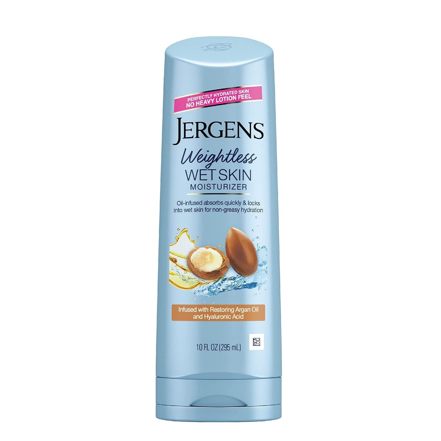 Jergens Argan Oil Weightless Wet Skin Body Lotion in a 10 Fl Oz bottle, moisturizing and hydrating for smooth skin
