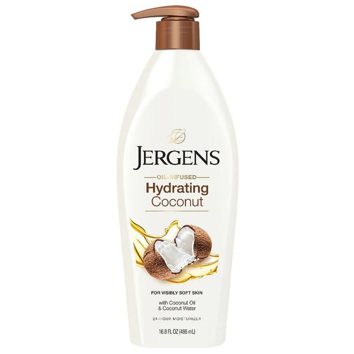 Jergens Hydrating Coconut Moisturizer lotion for dry skin in a 16.80 fl oz bottle, featuring a creamy texture and coconut scent.