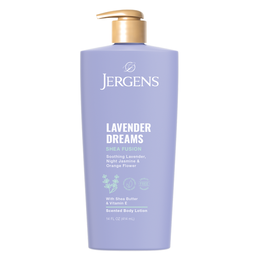 Jergens Lavender Dreams scented body lotion in a 14 oz bottle, moisturizing and relaxing lavender fragrance, shown in a white pump bottle