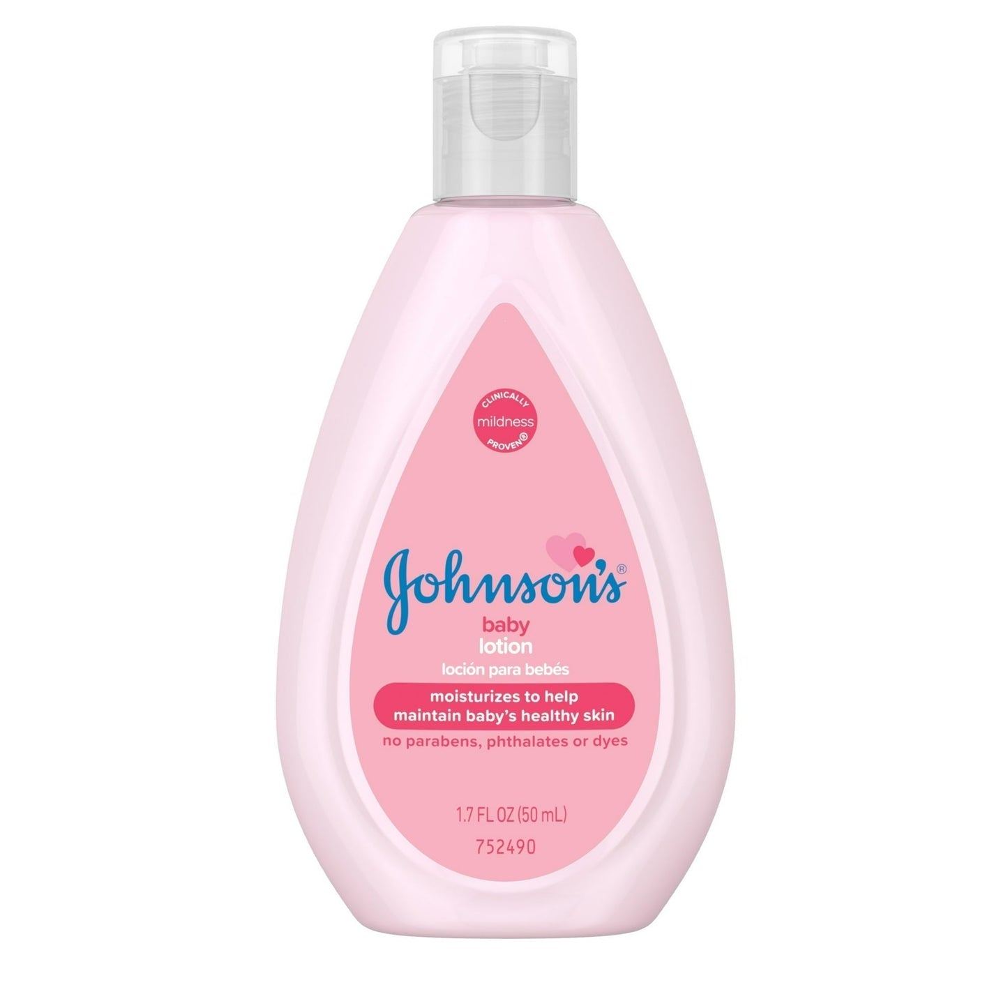 Johnson's Baby Moisturizing Pink Lotion with Coconut Oil, 1.7 oz, in a soft pink bottle featuring a gentle, soothing formula.