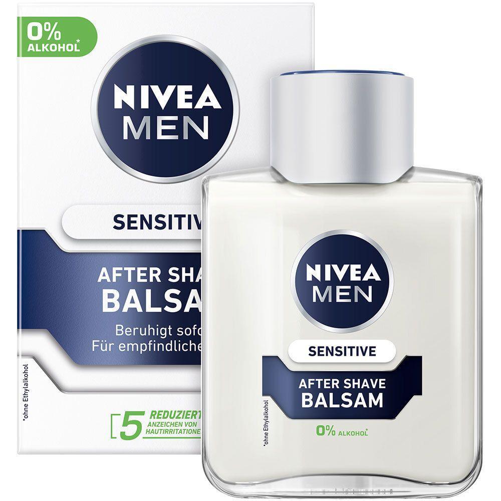 Nivea Men After Shave Balsam 100ml Sensitive lotion and moisturizer, clear bottle with blue cap and label, for soothing skin
