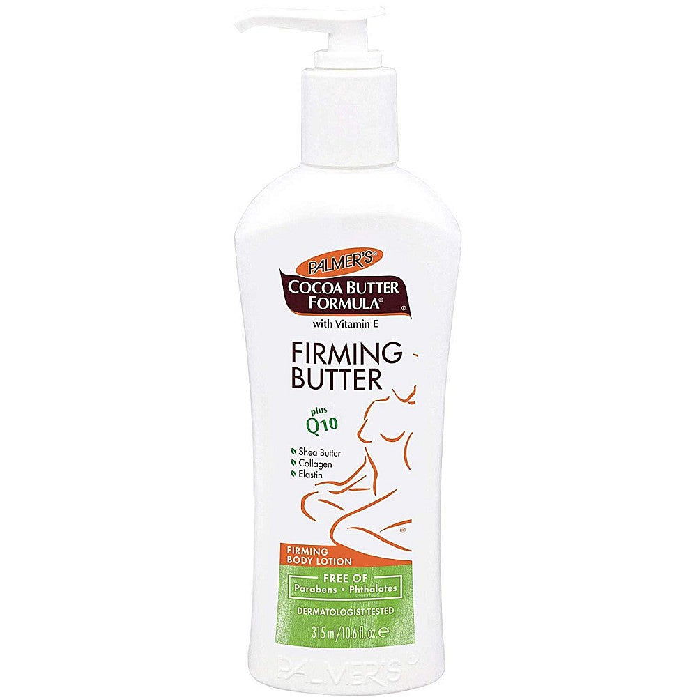 Palmer's Cocoa Butter Formula Lotion pump bottle showing creamy moisturizer for skin firming, 10.6 oz, with cocoa butter ingredients.